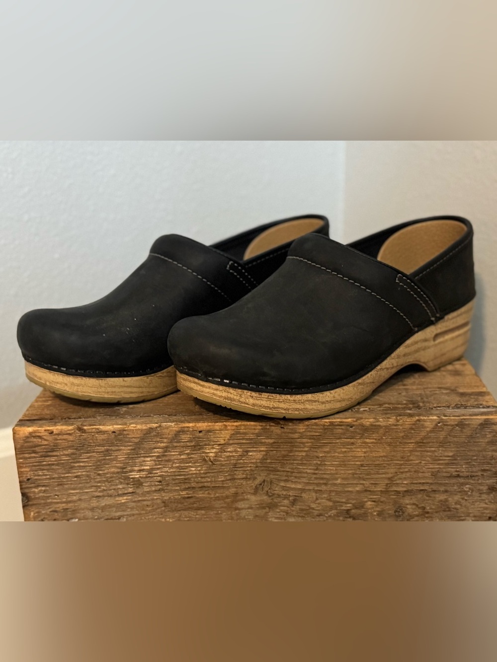 Dansko Black Nubuck Clog Mules with Natural Wood-Tone Sole